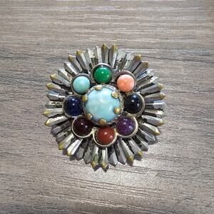 Vintage Metal Spiky Flower Brooch with Multicolored Cabochons
